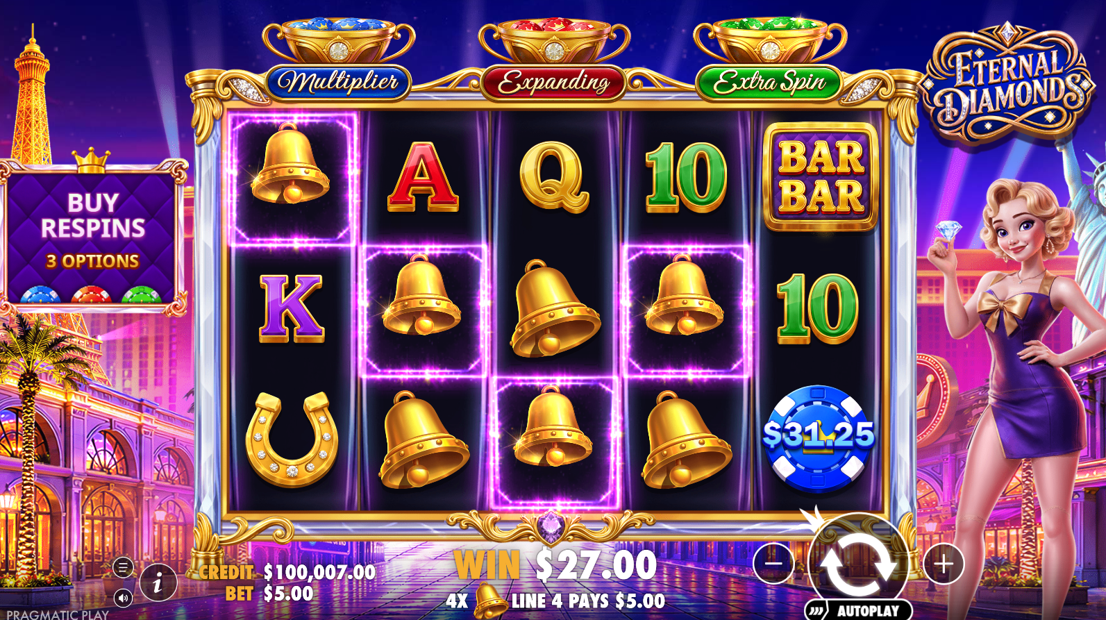 Eternal Diamonds base game screenshot showing the 5-reel grid with classic symbols