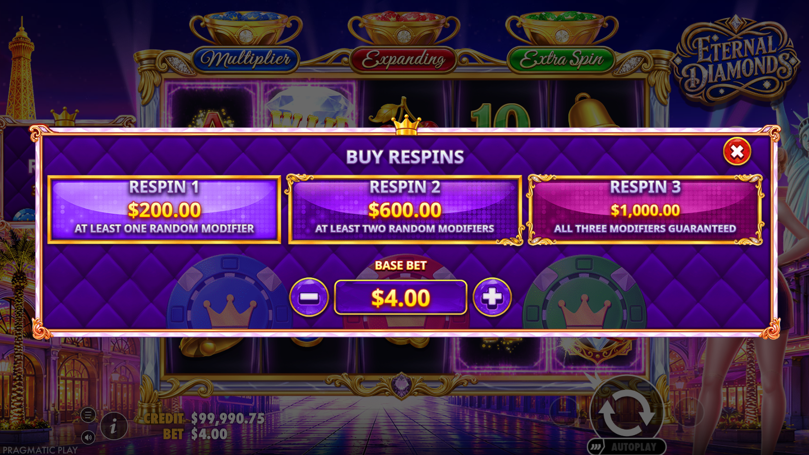 Eternal Diamonds Respin Buy Feature options showing three purchase tiers