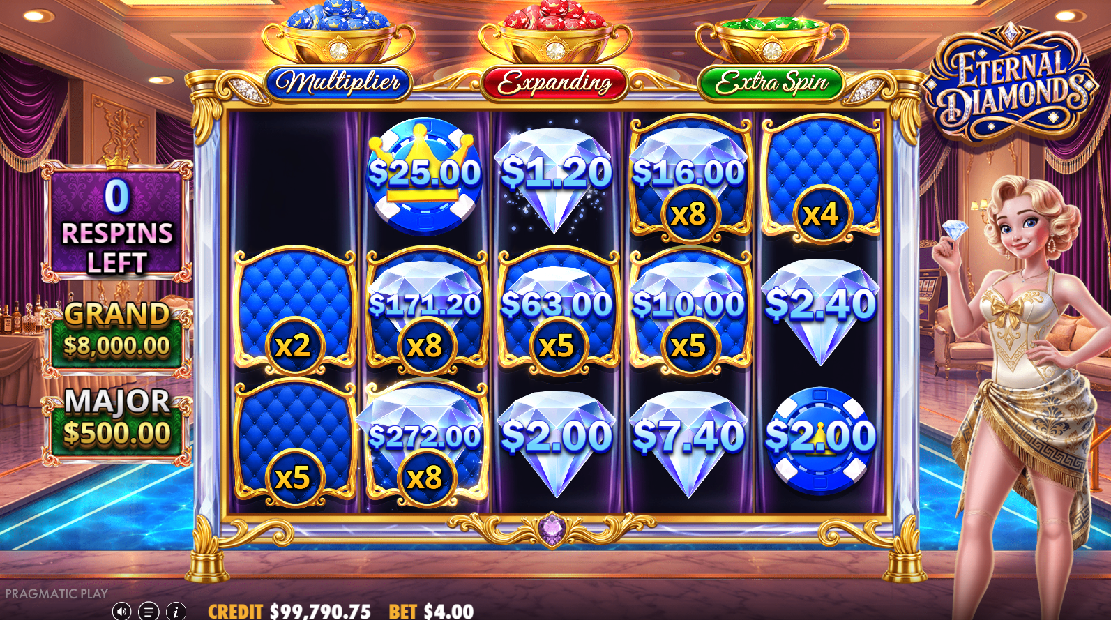 Eternal Diamonds Respin Feature in play with locked money symbols