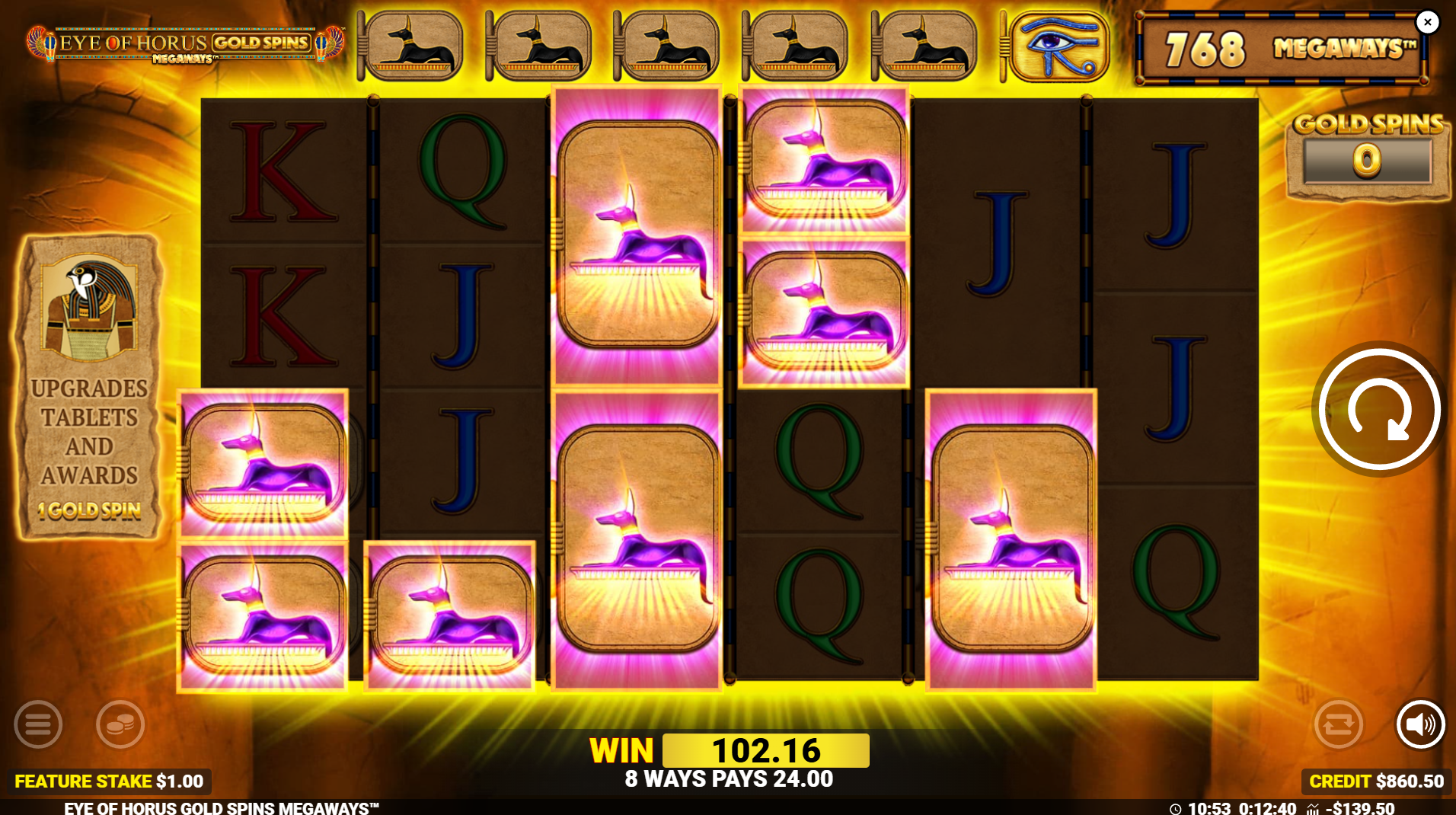 Eye of Horus Gold Spins feature in action