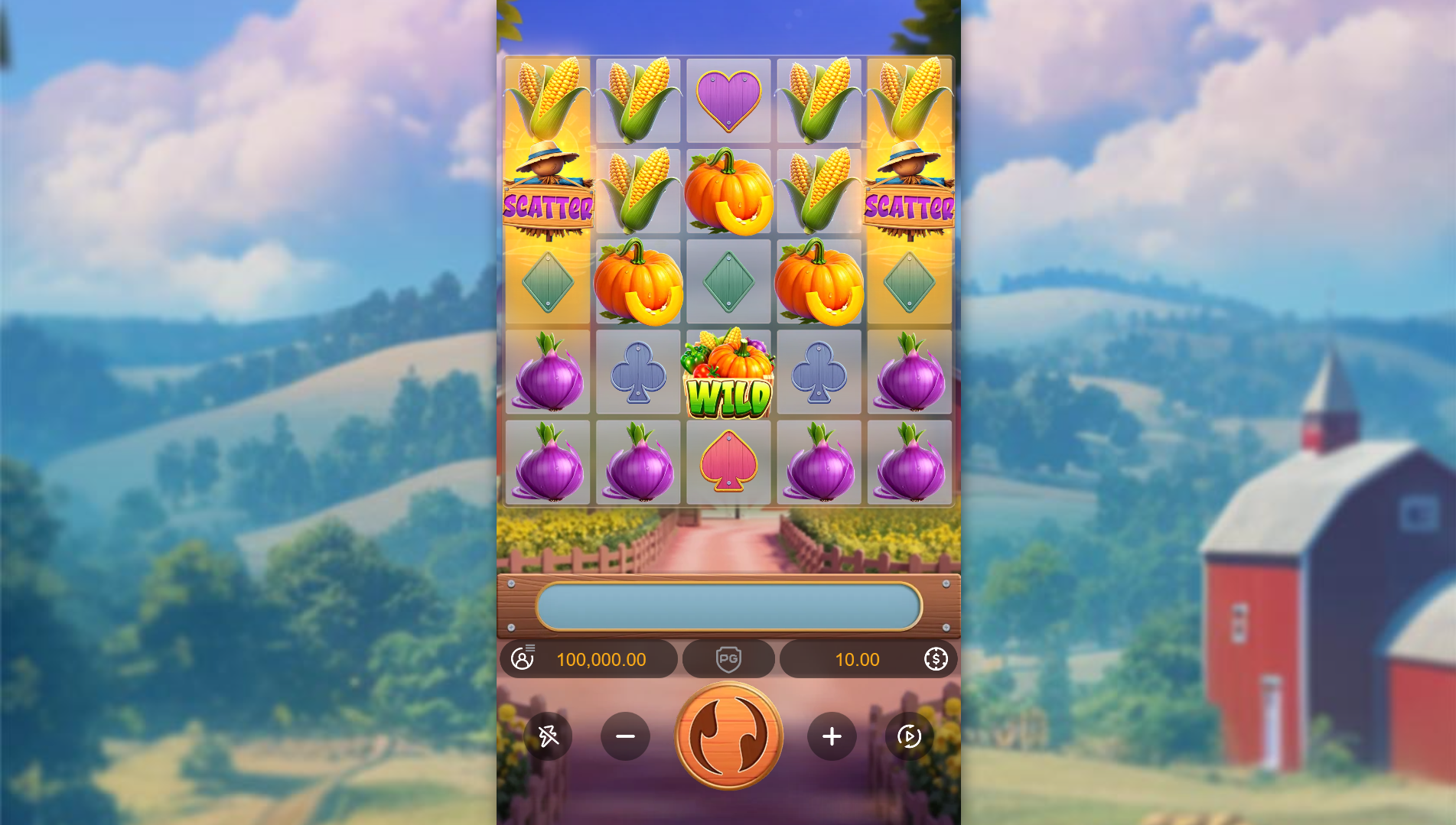 Farmstead Fortune base game with 5x5 grid and vegetable symbols