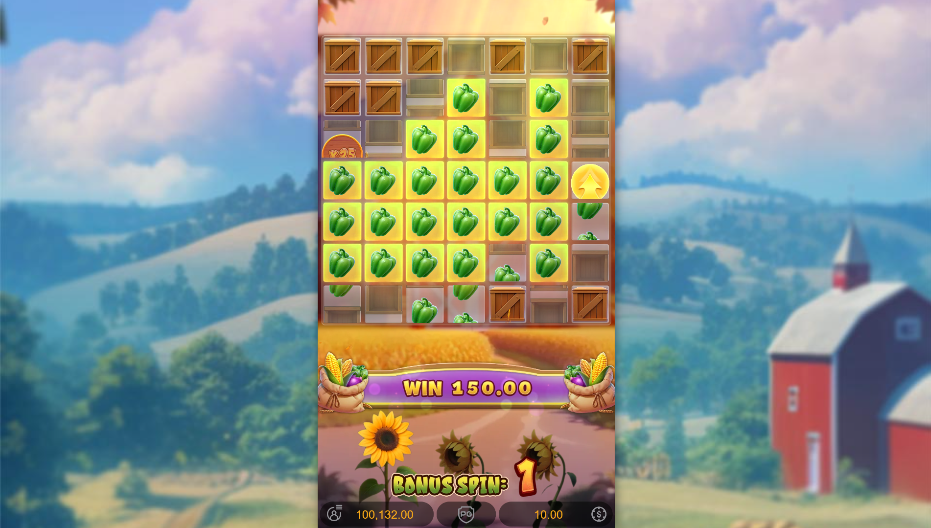 Farmstead Fortune Bonus Feature with expanded 7x7 grid in play