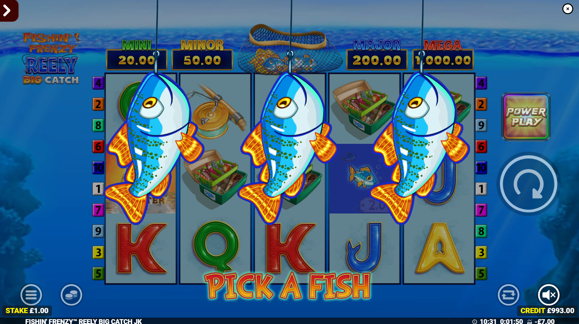 Fishin' Frenzy Pick A Fish bonus feature screen