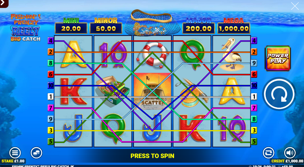 Fishin' Frenzy Reely Big Catch base game showing fish symbols and the Fish Net