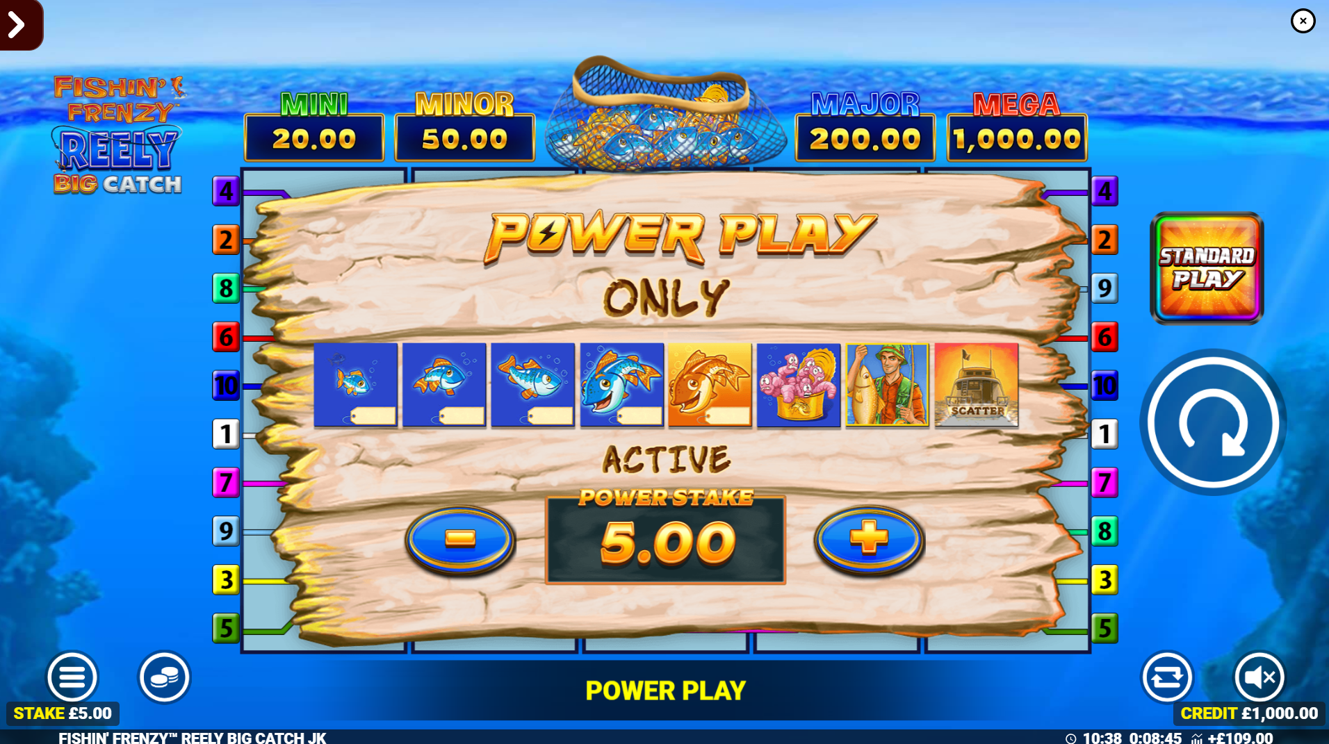 Fishin' Frenzy Reely Big Catch Power Play option screen