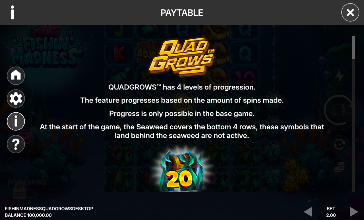 Fishin' Madness QUADGROWS information screen