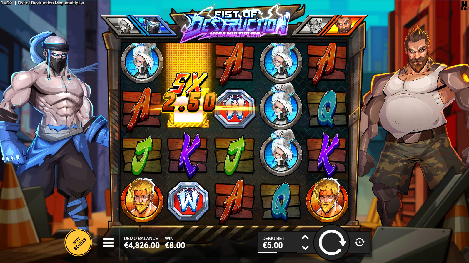 Fist of Destruction Megamultiplier base game showing 5x4 reel grid with fighter characters