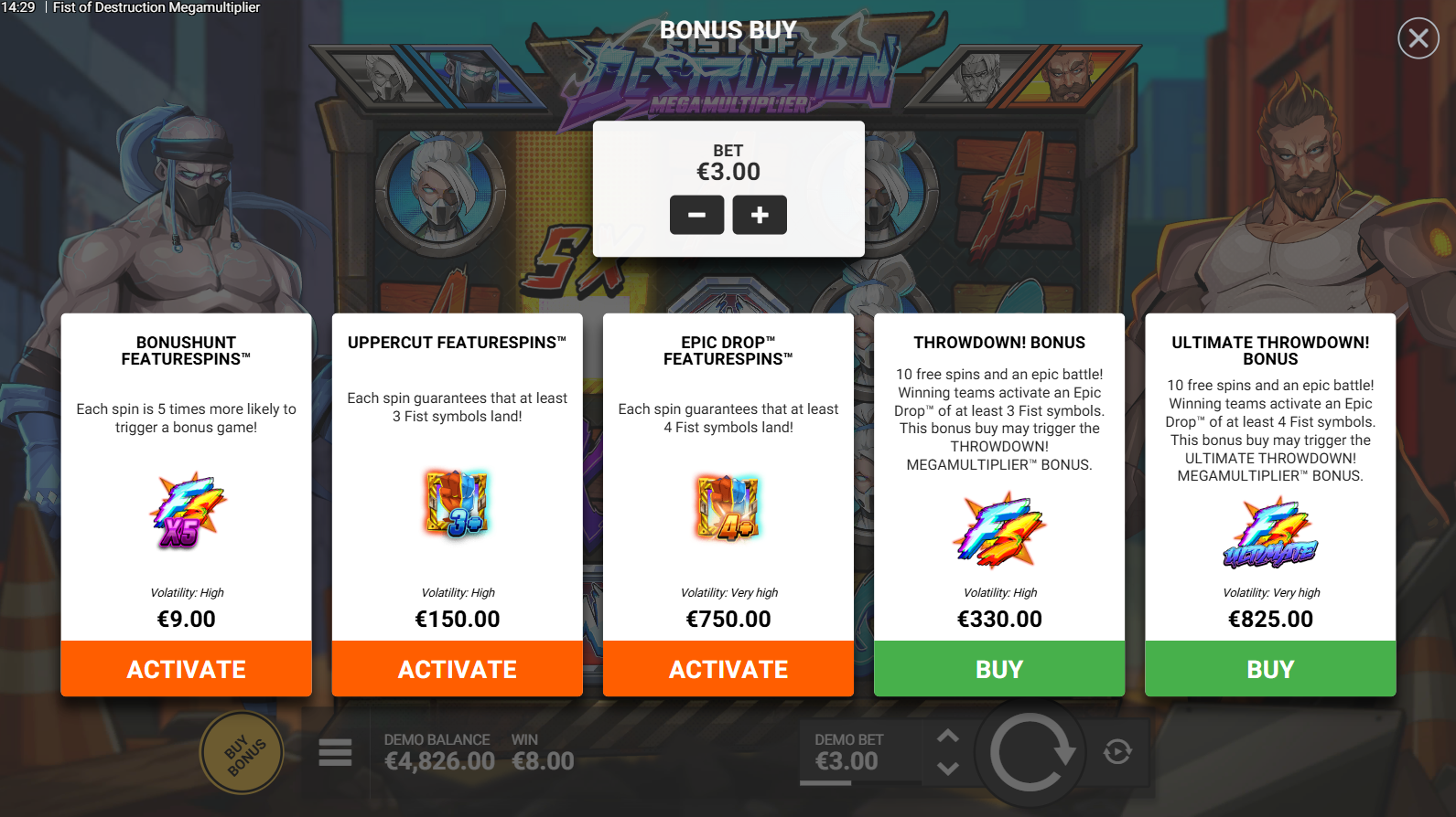 Fist of Destruction Megamultiplier bonus buy menu showing all purchasable feature options