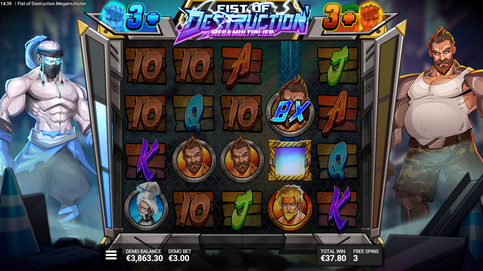 Fist of Destruction Megamultiplier Throwdown Bonus free spins with Red vs Blue team Victory Level tracker