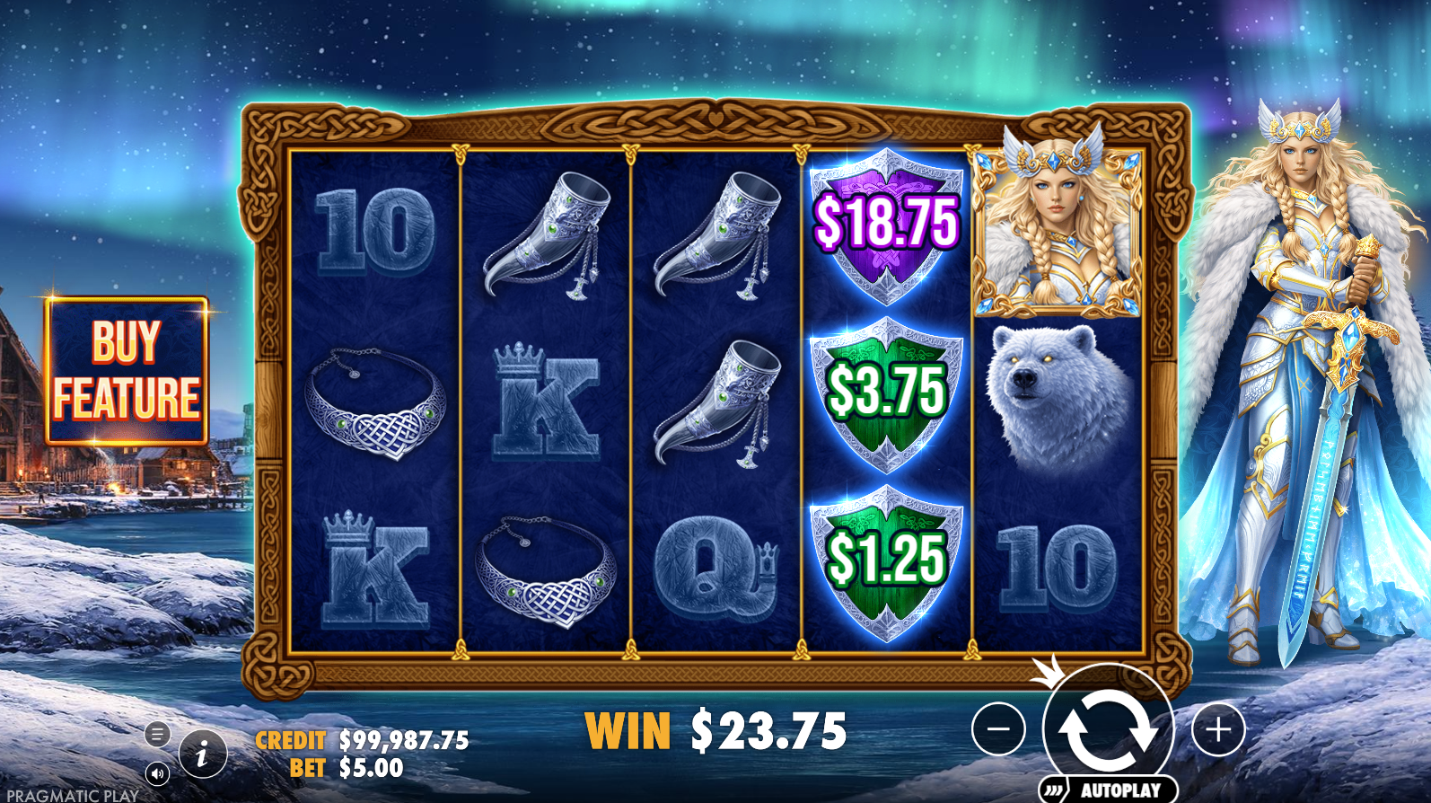 Freya 1000 base game showing 5x3 reel grid with Norse mythology symbols