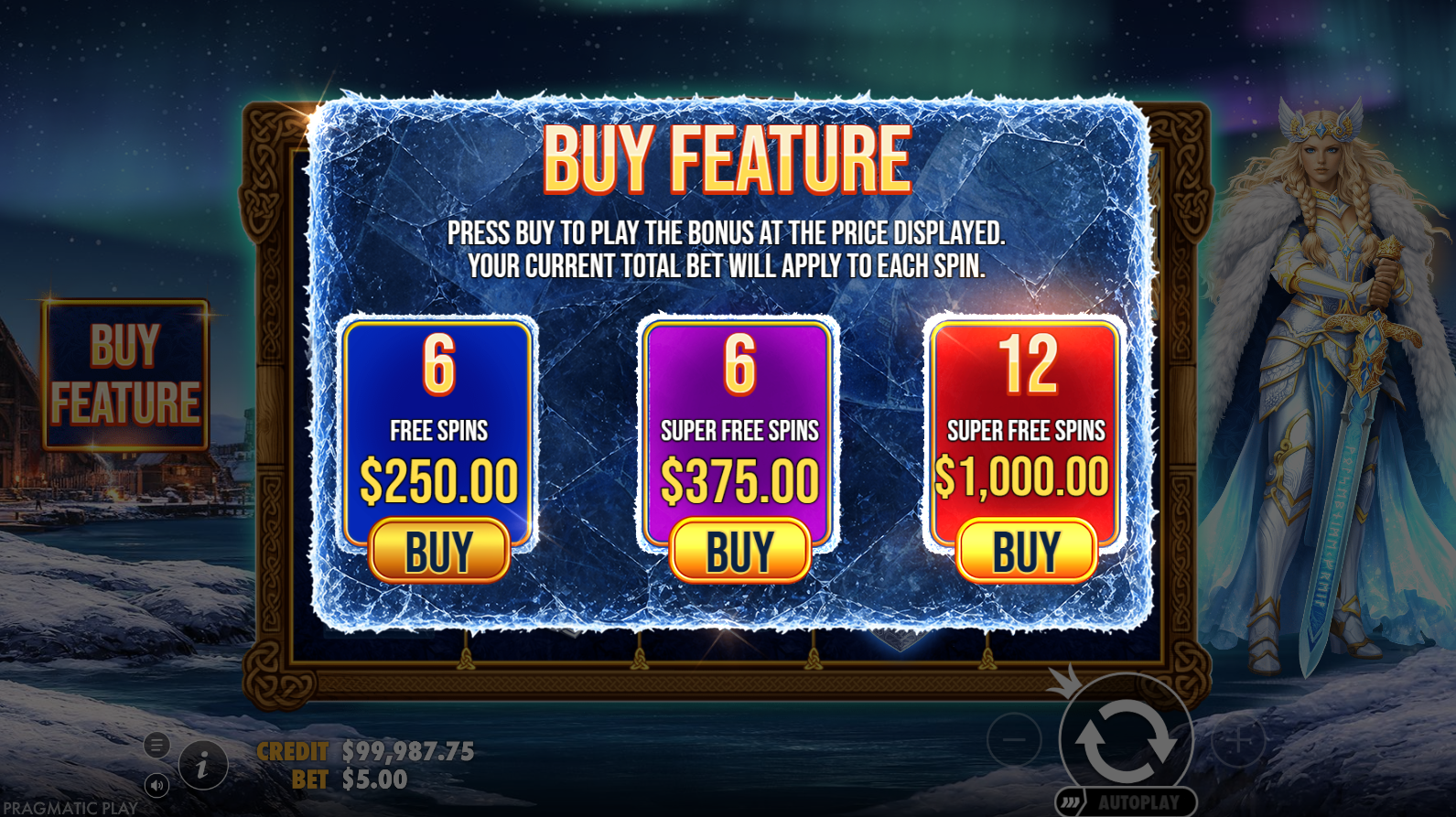 Freya 1000 bonus buy options showing three purchase tiers