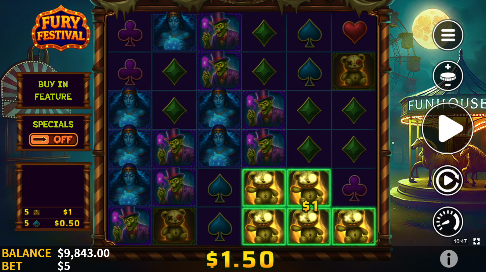 Fury Festival base game showing the 6x6 cluster pays grid