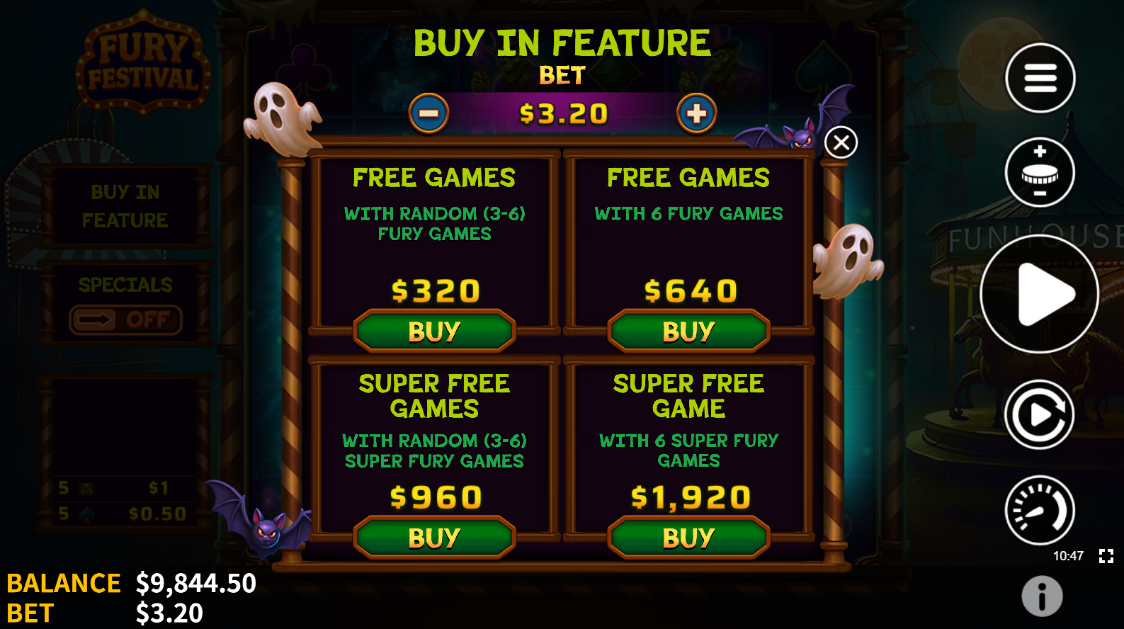 Fury Festival Buy In Feature options showing 100x, 200x, 300x and 600x bet options