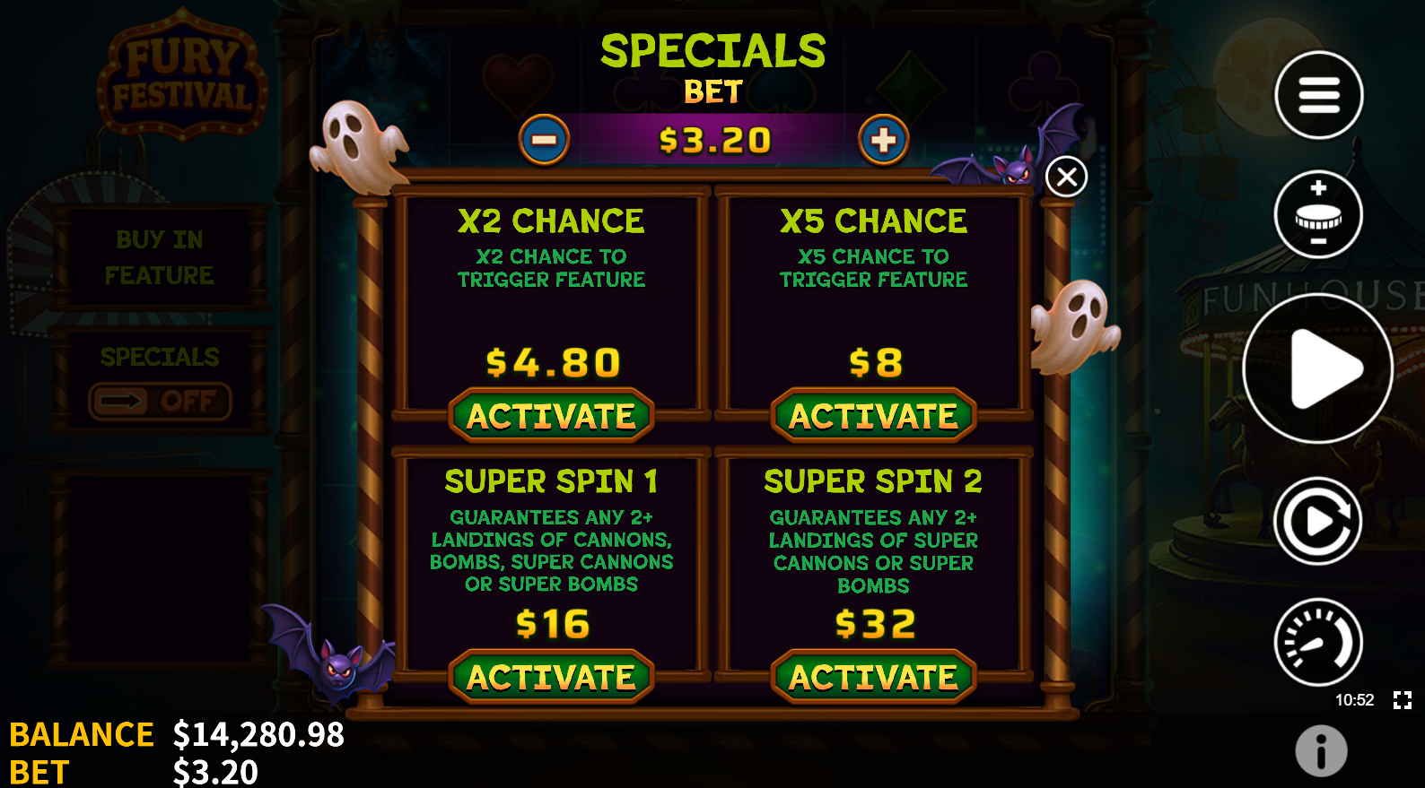 Fury Festival Specials Feature showing ante bet options