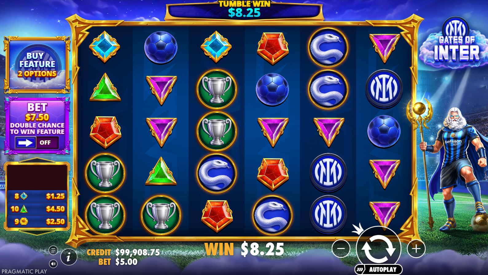 Gates of Inter base game screenshot showing the 6-reel grid with football-themed symbols
