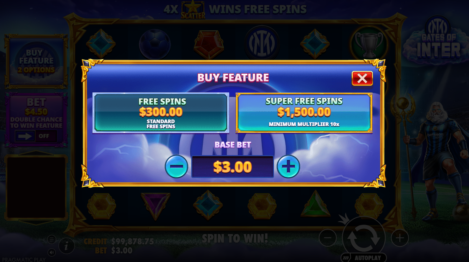 Gates of Inter Bonus Buy option screen showing purchase options for Free Spins and Super Free Spins
