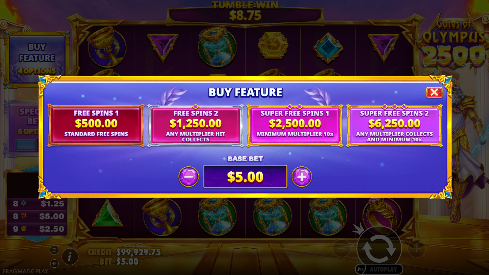 Gates of Olympus 2500 bonus buy options