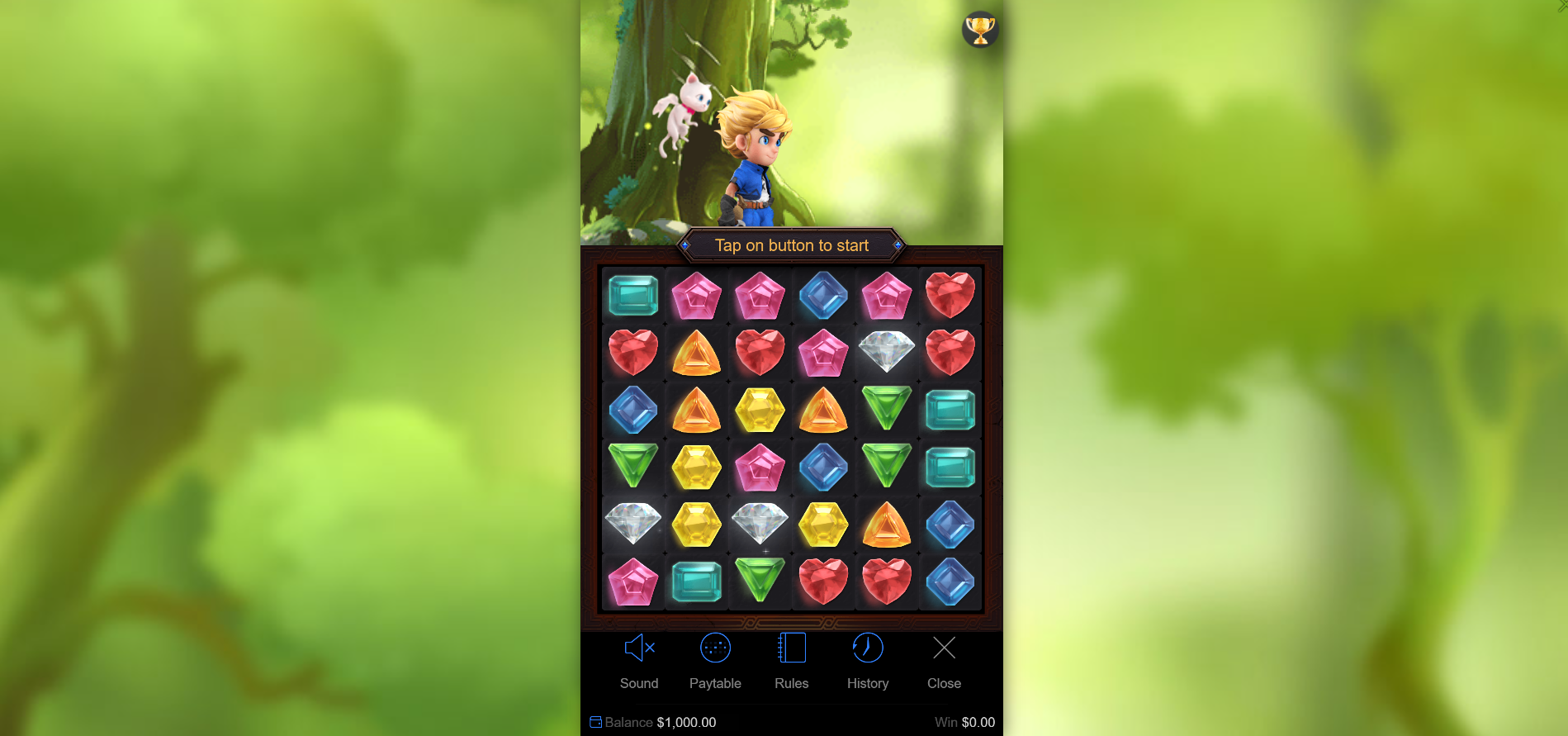 Gem Saviour base game showing 6x6 gem grid with collapsing reel mechanic