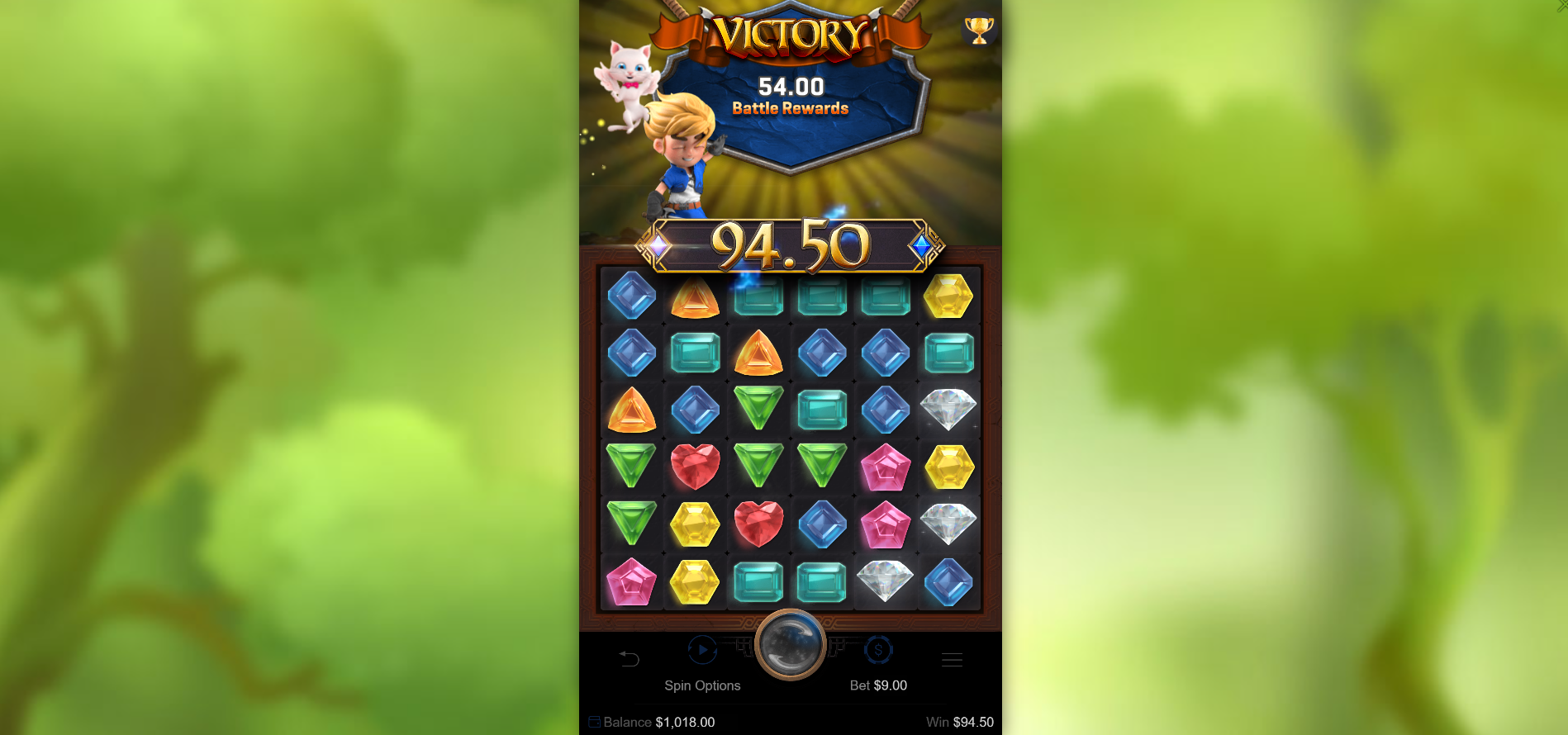 Gem Saviour Monster Battle victory screen showing battle rewards payout