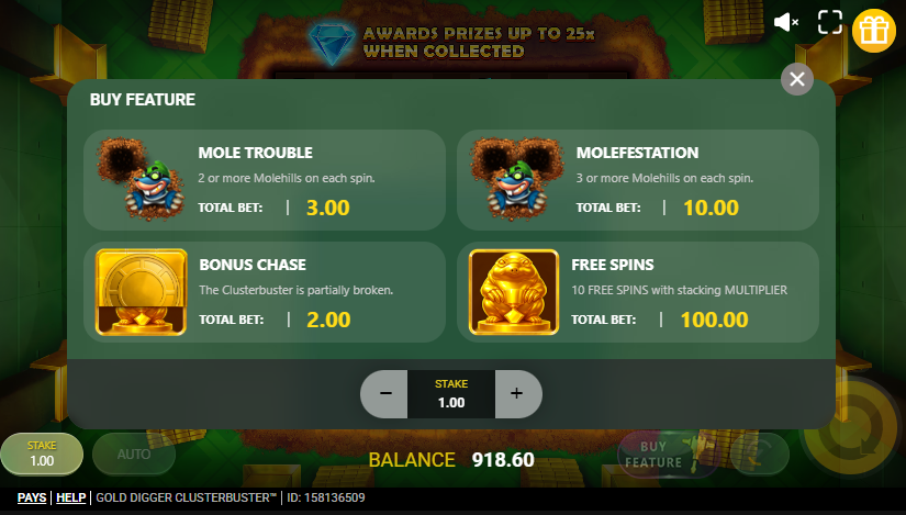 Gold Digger Clusterbuster Feature Buy menu showing four purchase options