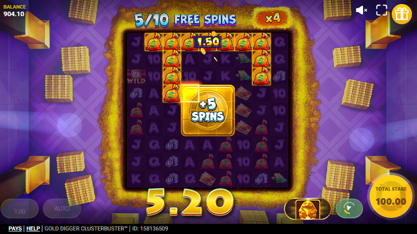 Gold Digger Clusterbuster Free Spins bonus round in play