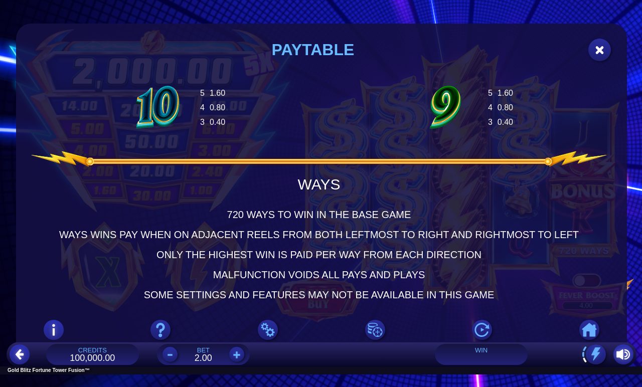 Gold Blitz Fortune Tower Fusion information screen