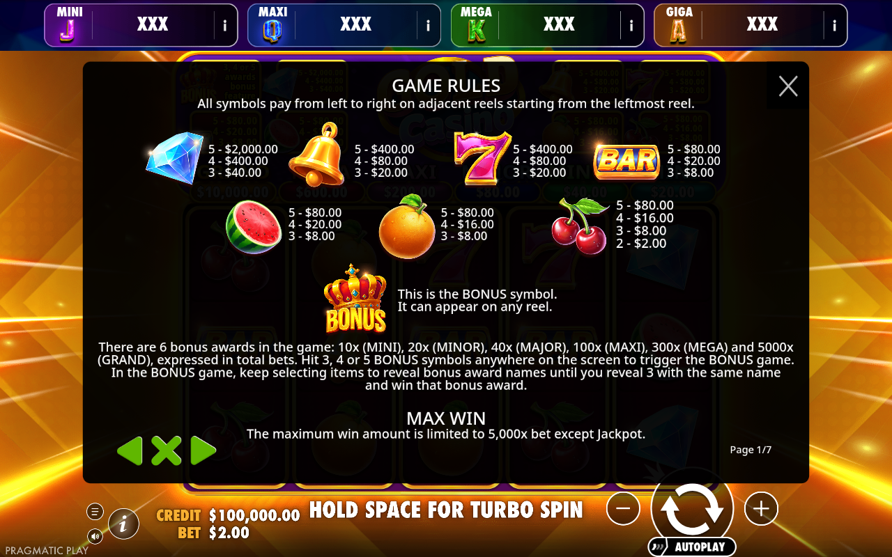 Gold Casino - Oranje Jackpot BONUS feature rules screen