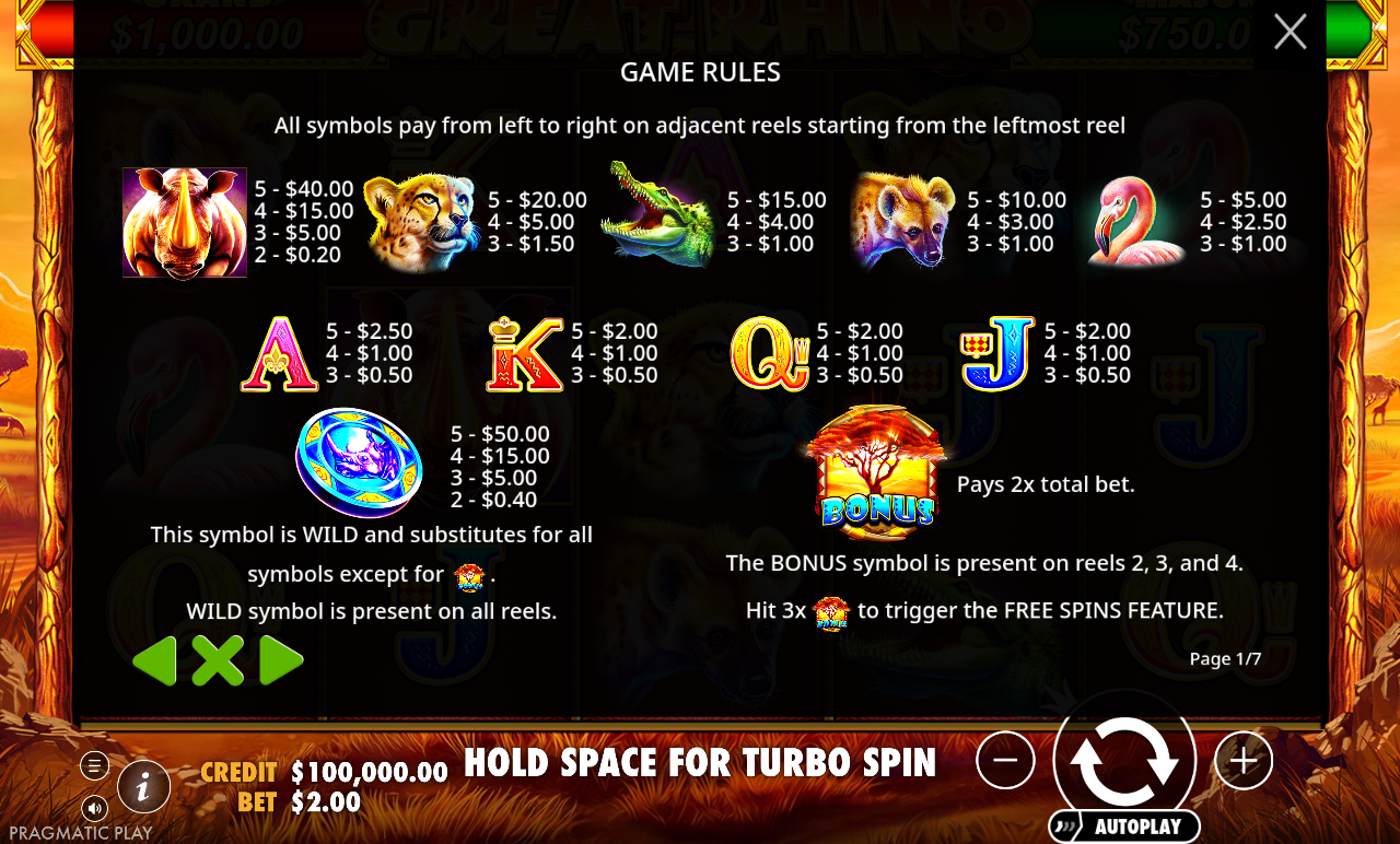 Great Rhino information screen