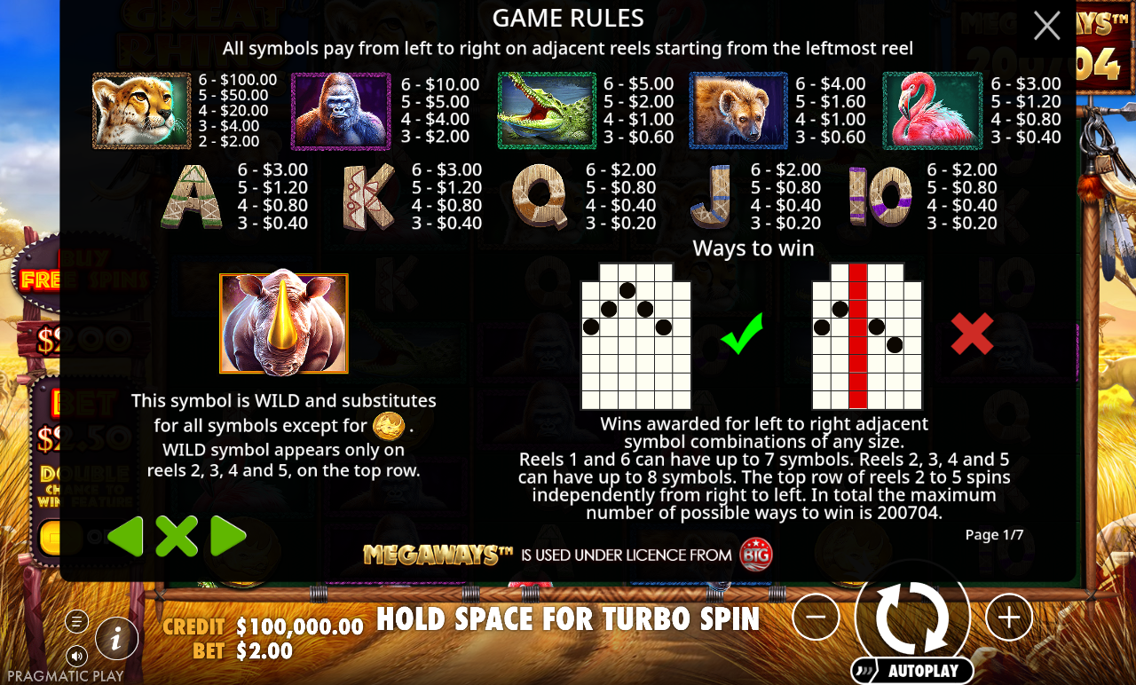 Great Rhino Megaways paytable and symbol payouts