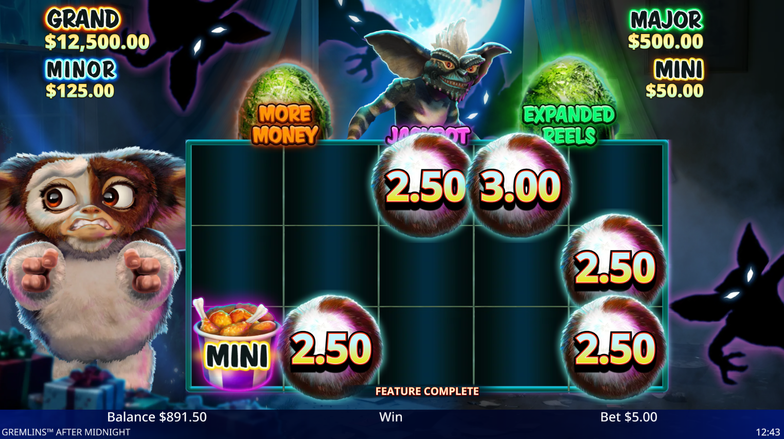 Gremlins After Midnight jackpot feature showing Mini, Minor, Major, and Grand jackpot tiers