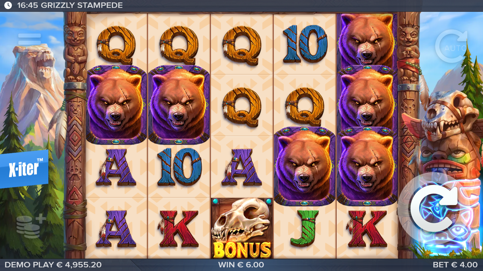 Grizzly Stampede base game showing 5x4 reel grid with bear and wildlife symbols