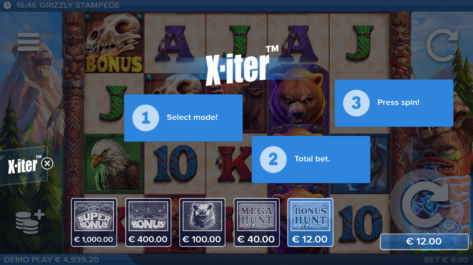 Grizzly Stampede X-iter bonus buy options showing all five tiers including Super Bonus at 250x