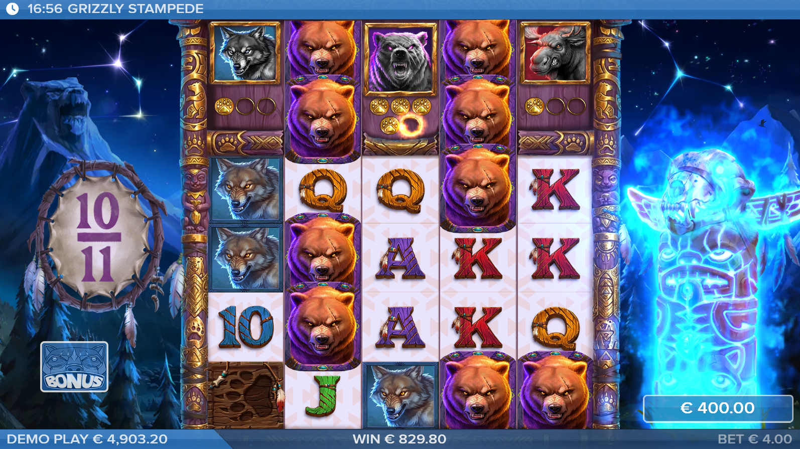 Grizzly Stampede Bonus game with expanding reels and golden Grizzly token meters