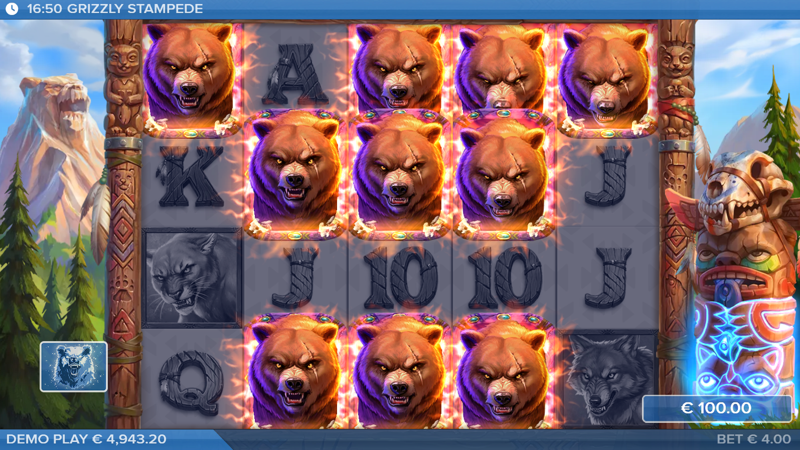 Grizzly Stampede Grizzly Spirit Spins triggered via the Totem feature X-iter option