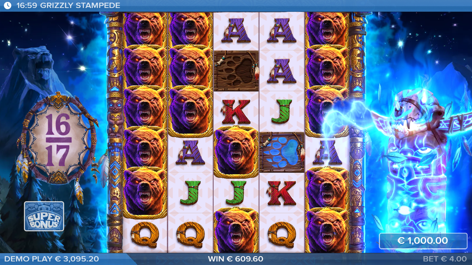Grizzly Stampede Super Free Spins bonus game with fully expanded reels