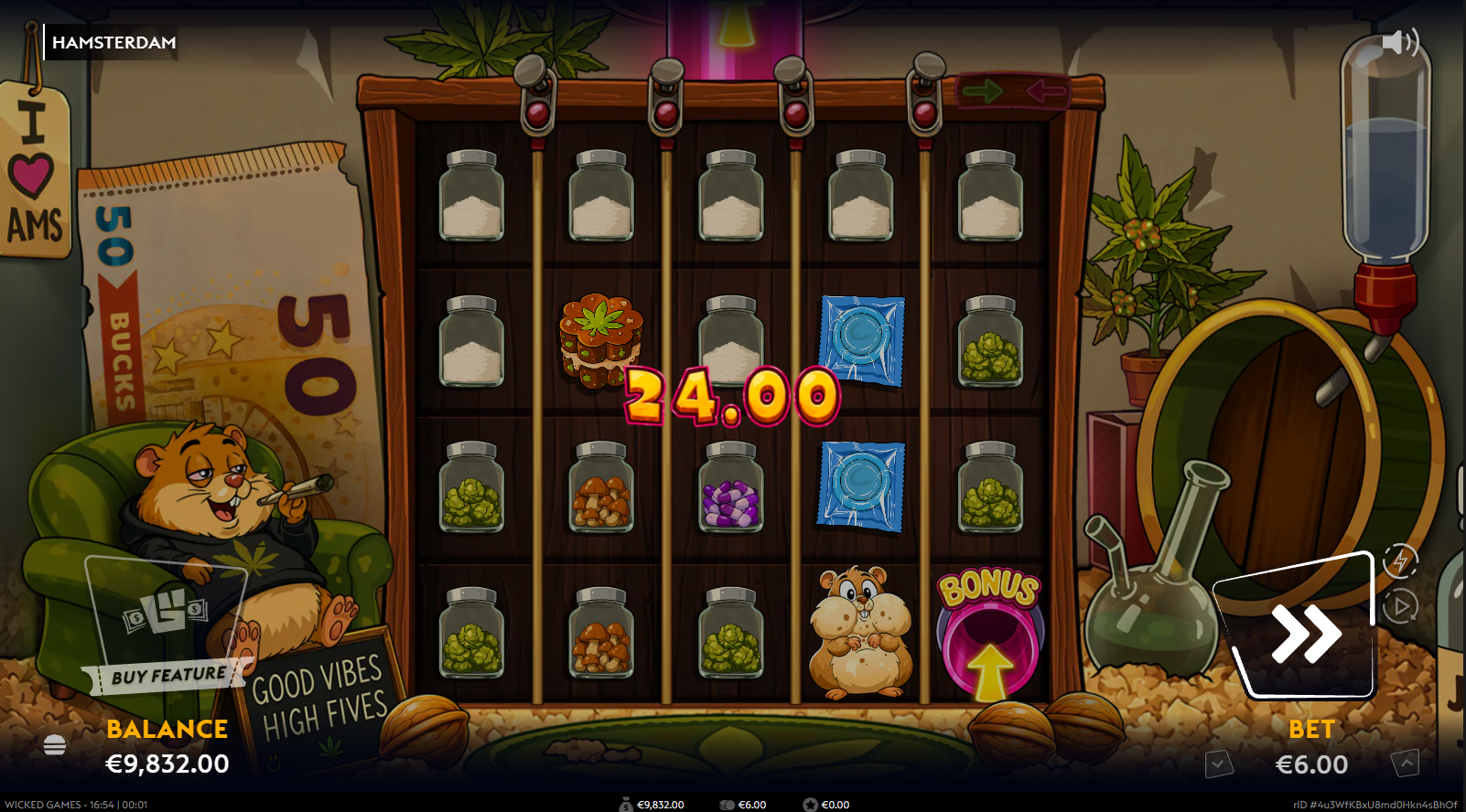 Hamsterdam base game showing the 5x4 grid with hamster characters and symbol rows