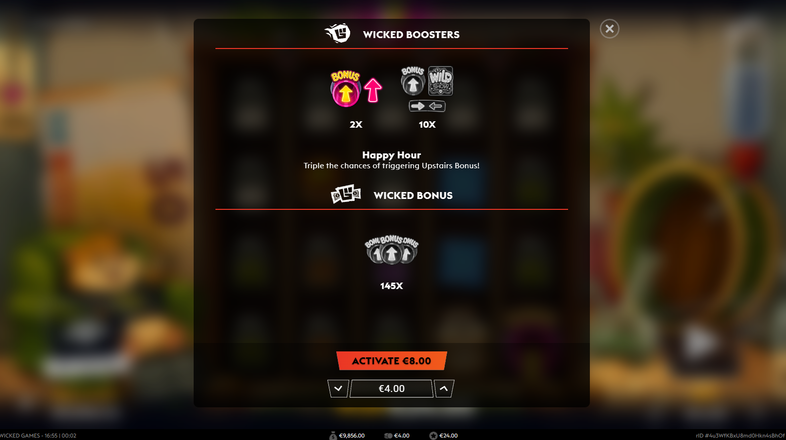 Hamsterdam Wicked Boosters and bonus buy options including Happy Hour, Swing Both Ways and Skip the Line