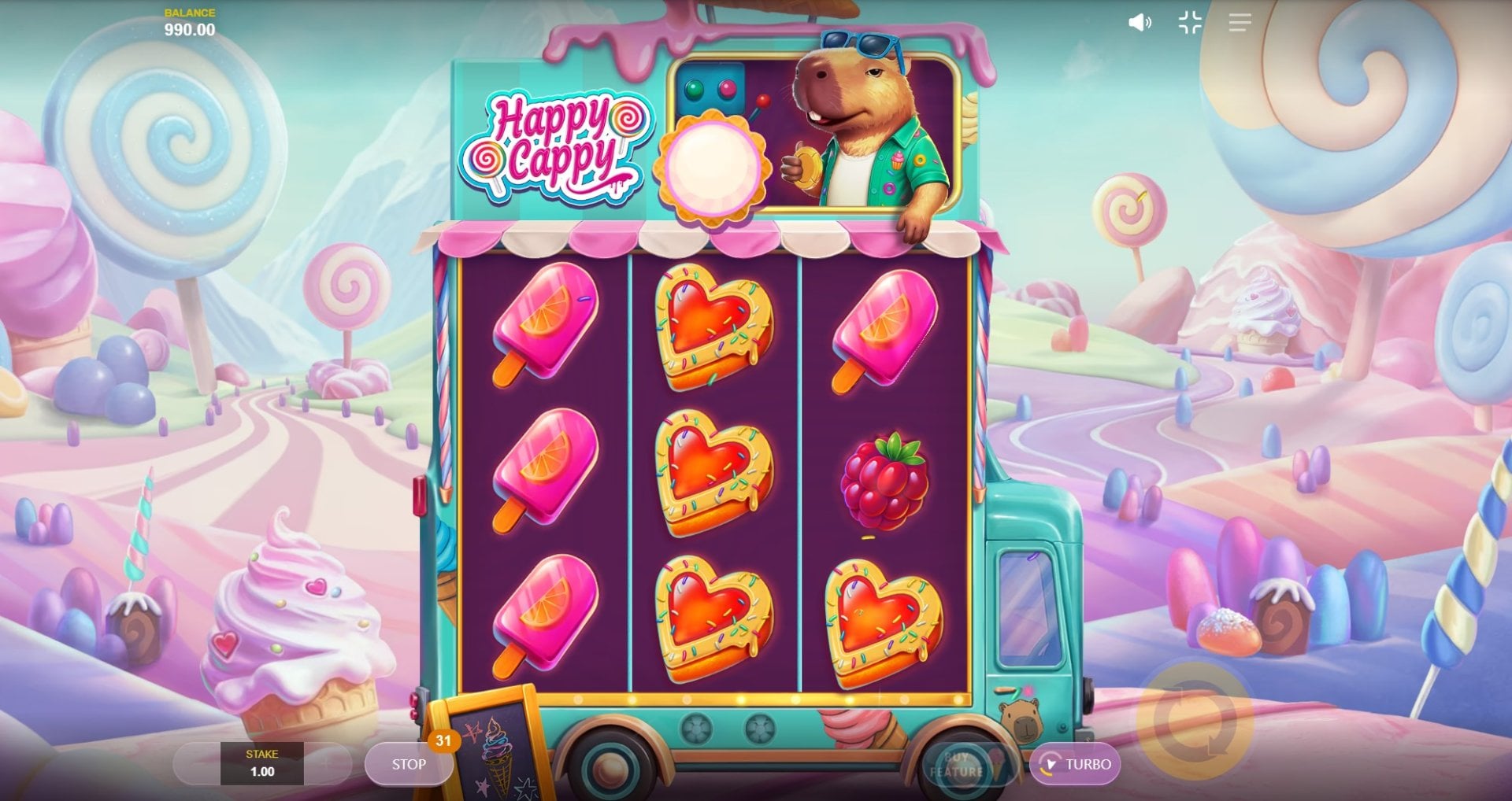 Happy Cappy base game showing the 3x3 grid with candy and fruit symbols
