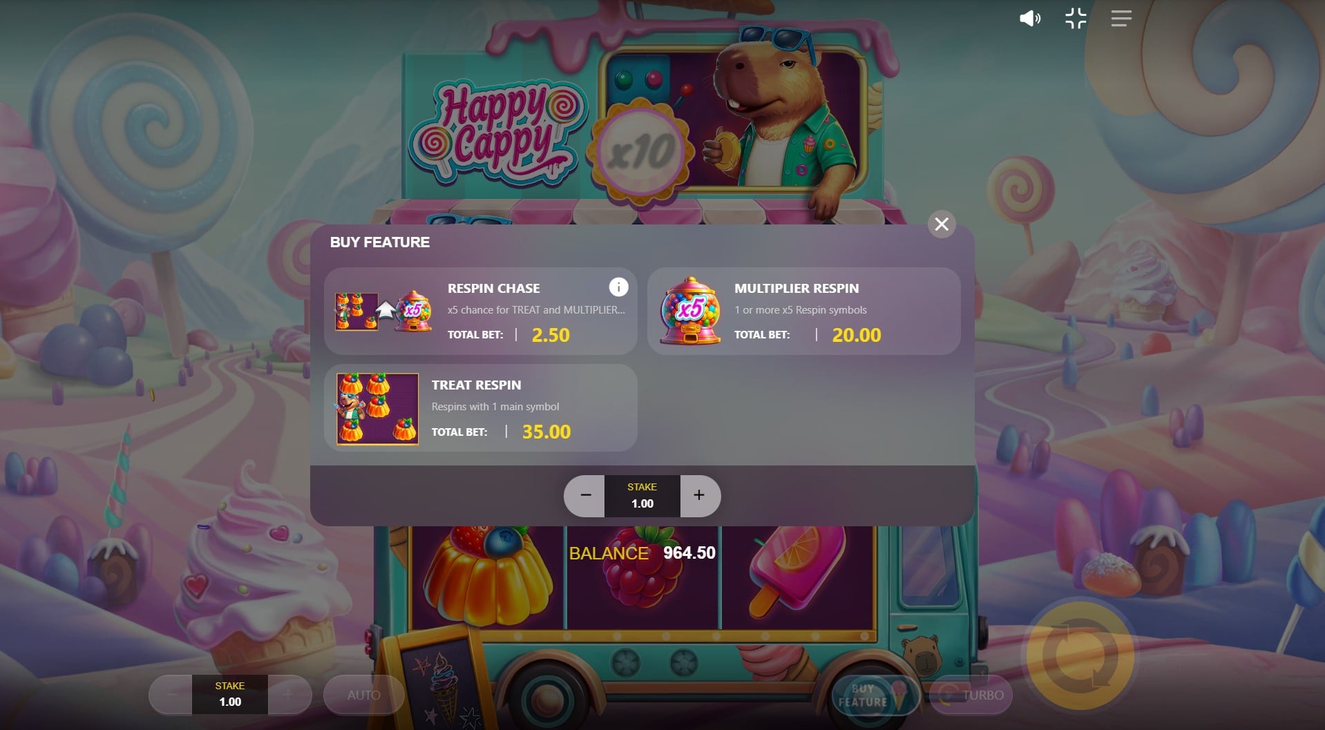 Happy Cappy Feature Buy menu showing Respin Chase, Treat Respin and Multiplier Respin options