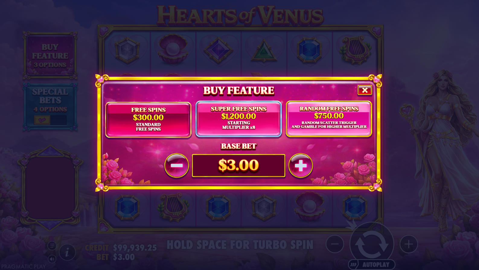 Hearts Of Venus Bonus Buy Options screenshot