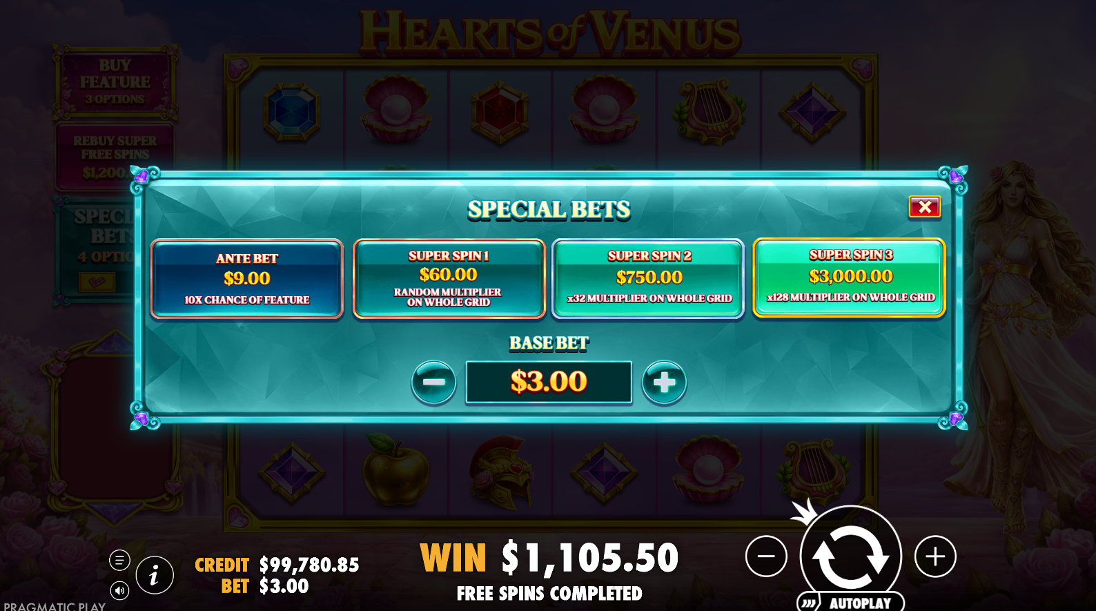 Hearts Of Venus Special Bets options screenshot