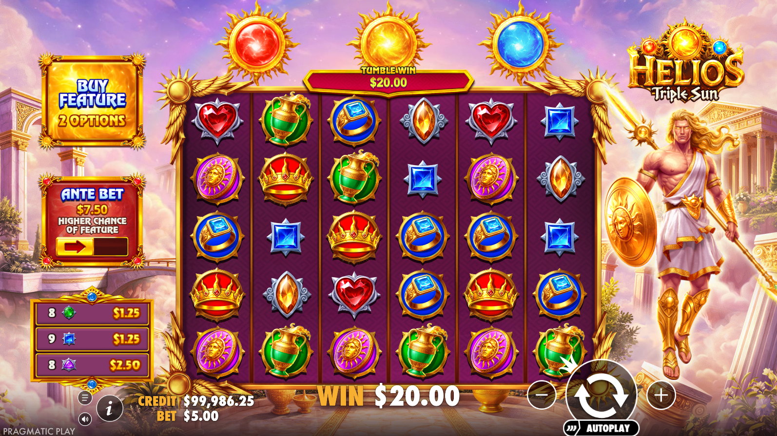 Helios Triple Sun base game - 6-reel scatter pays grid