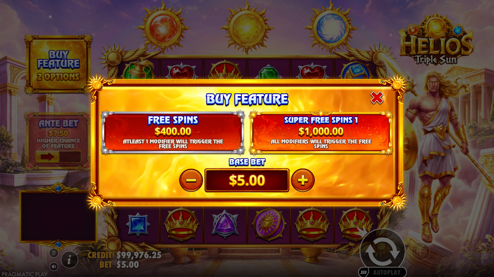 Helios Triple Sun bonus buy options - 80x and 200x stake