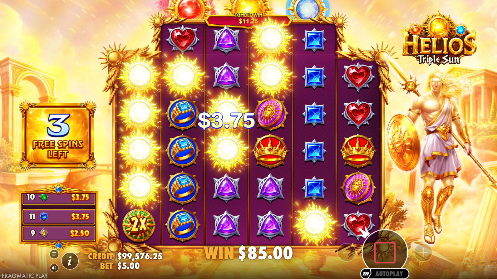 Helios Triple Sun regular bonus free spins round