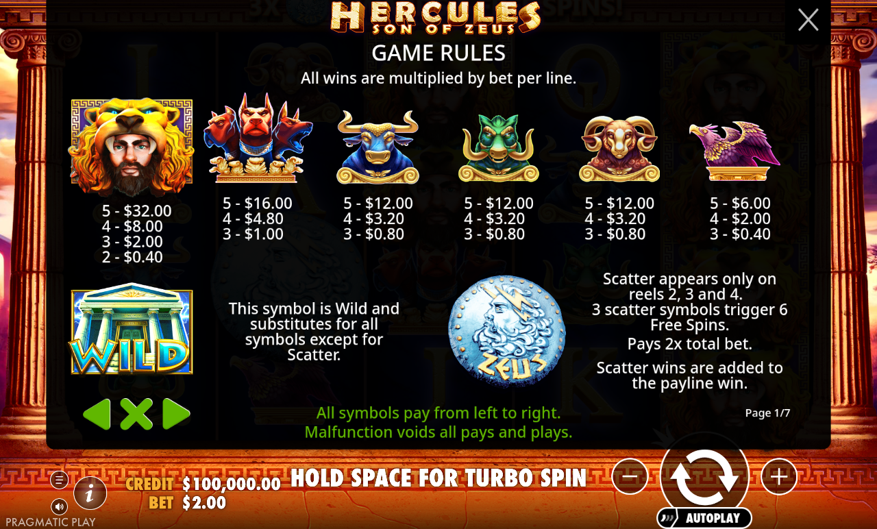 Hercules Son of Zeus paytable and game rules