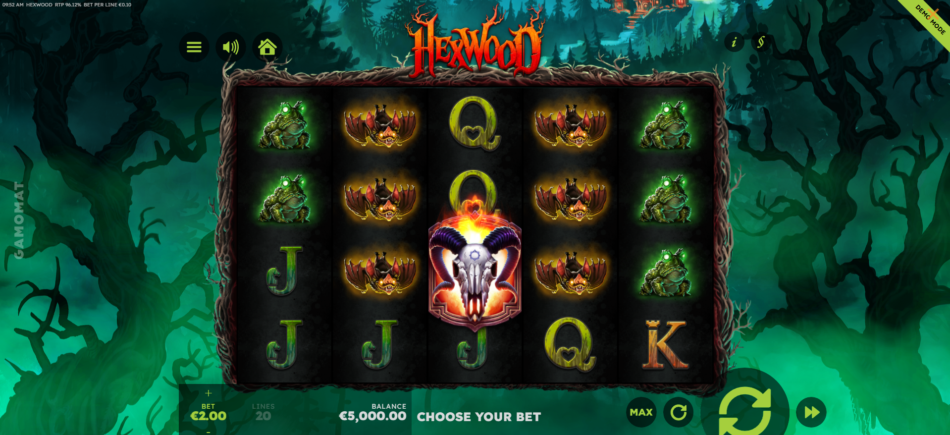 Hexwood base game in play showing the 5x4 reel grid with Tendris nudging symbol visible