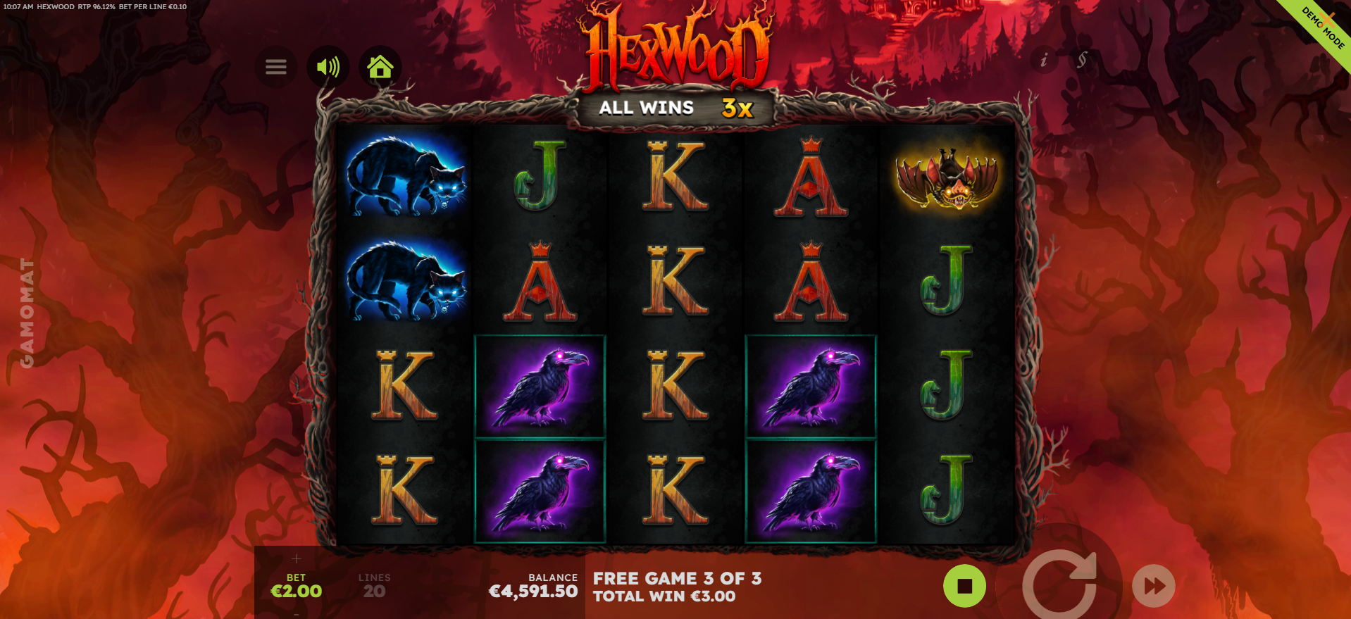 Hexwood free spins bonus round in play with progressive multiplier active