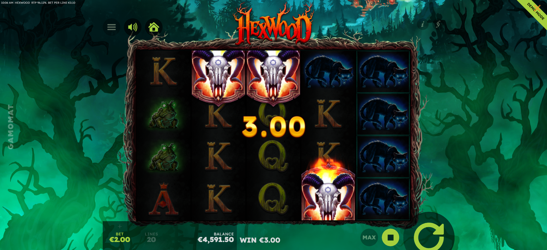 Hexwood free spins trigger screen showing three Skull scatter symbols