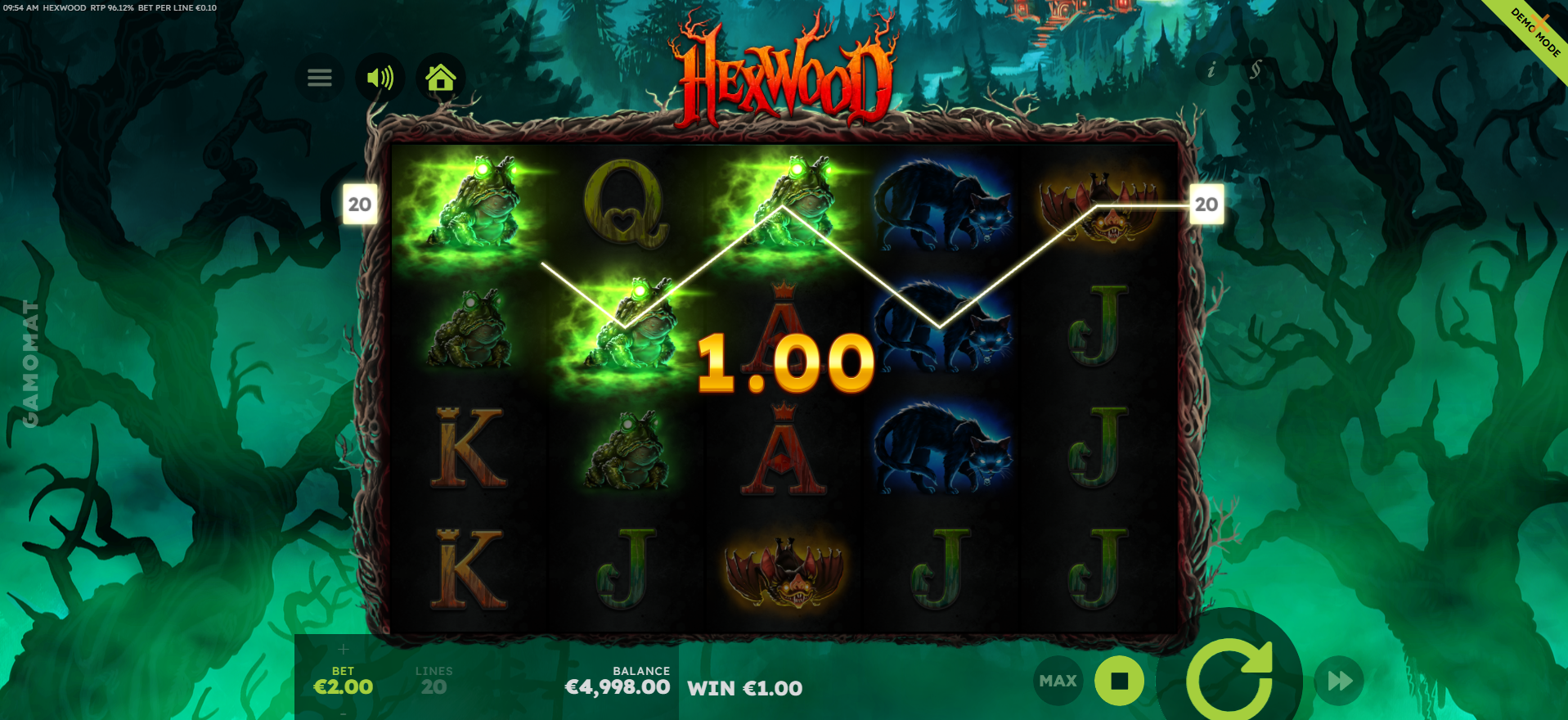 Hexwood paytable screen showing 20 fixed paylines layout