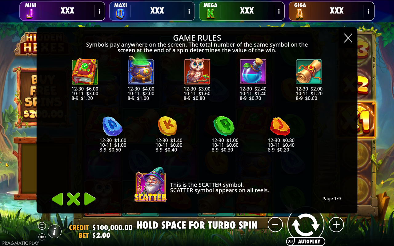 Hidden Hexes - Oranje Jackpot information screen